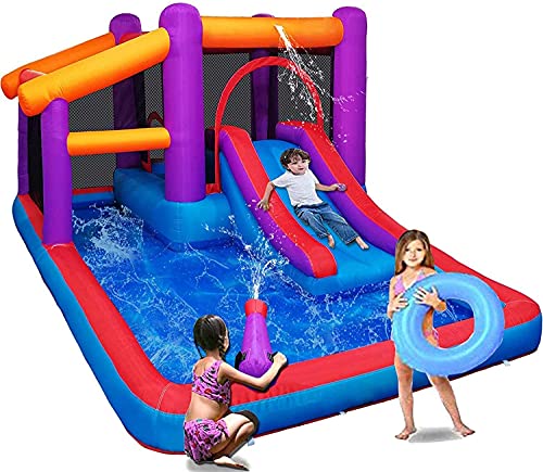 MEIOUKA Kid Inflatable Bounce House with Blower Water Pool Splash Gun Water Slide Jumping Bounce Houses for Kids Toddlers Bouncy House Backyard Indoor Outdoor Water Pool Inflatable Bouncer Castle